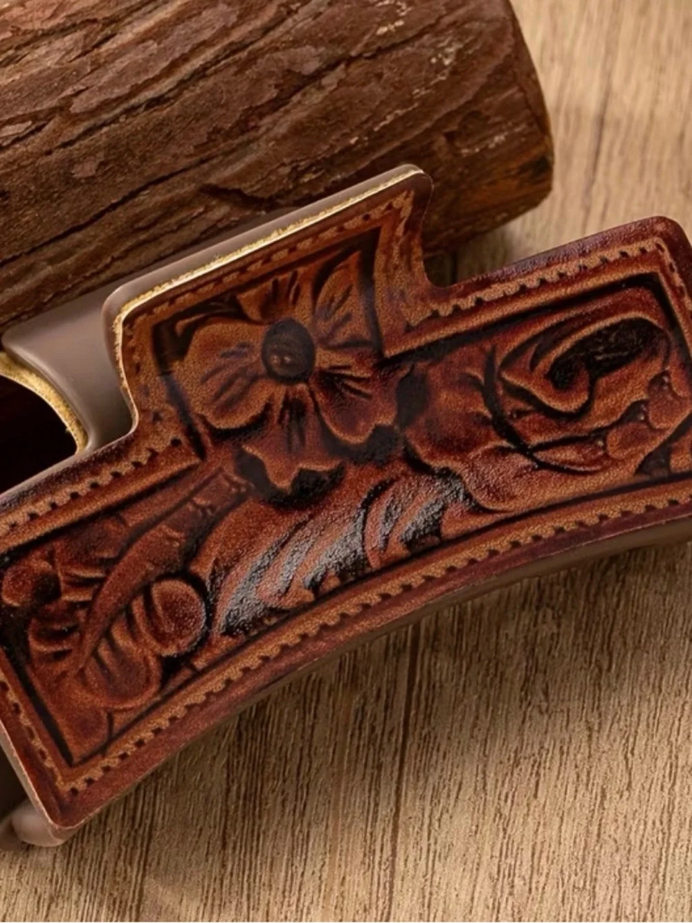 Leather Tooled Brown Floral Men's Hair Clip